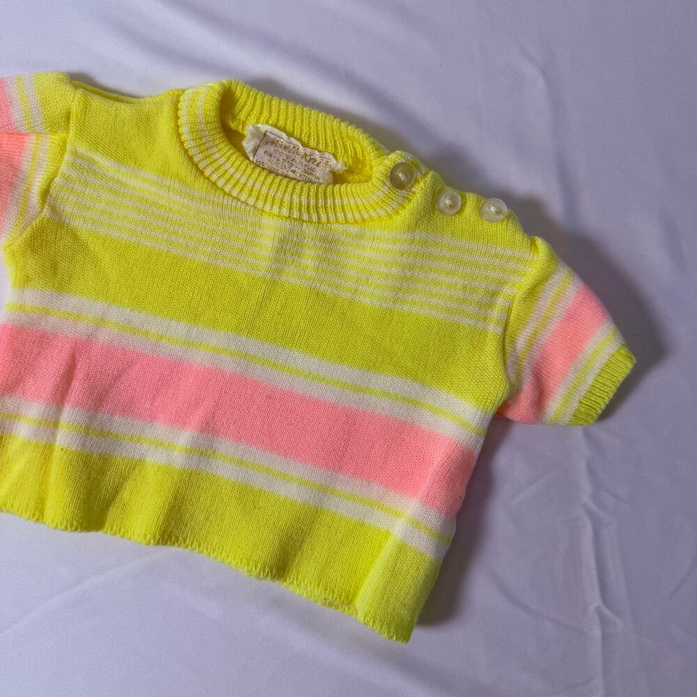 Vintage 70s Novelty Knit Yellow & Pink Color Block Striped Knit Sweater Sz 0-3mo
